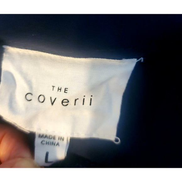 The Coverii Navy Blue Sheer Yoke Sleeveless Flared Knee Length Dress Sz L - Picture 4 of 5